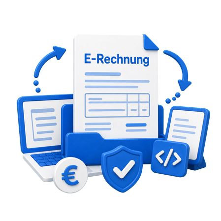 Grafik mit einem Dokument für E-Rechnungen, umgeben von Symbolen für Computer, Sicherheit und Währung.