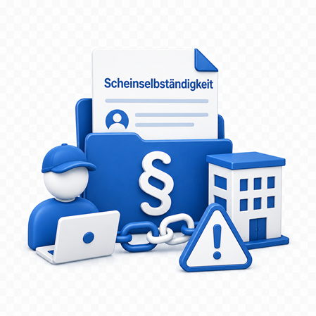 Grafische Darstellung zum Thema Scheinselbstständigkeit mit einem Ordner, einem Laptop, einer Figur, einem Paragraphen-Symbol und einem Warnzeichen.