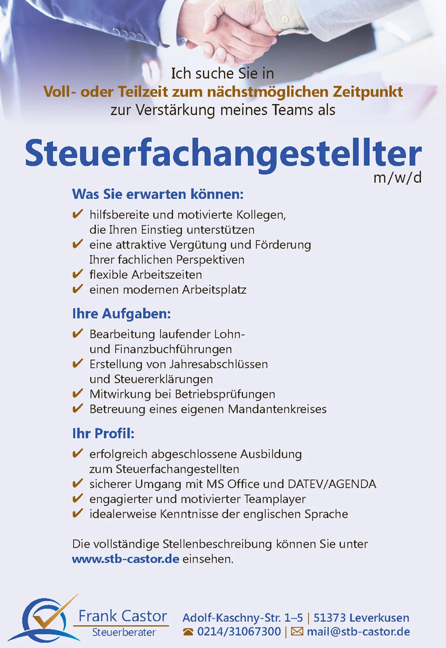 Stellenangebot für Steuerfachangestellte in Voll- oder Teilzeit bei der Steuerkanzlei Frank Castor in Leverkusen