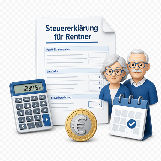 Illustration einer Steuererklärung für Rentner mit einem Formular, einem Taschenrechner, einer Münze und einem Kalender.