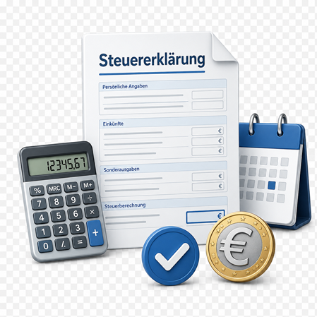 Eine Steuererklärung mit einem Taschenrechner, einem Kalender und Münzen.